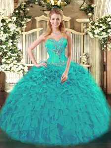 Fashionable Teal Sweetheart Neckline Beading and Ruffles Ball Gown Prom Dress Sleeveless Lace Up