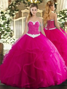 Custom Made Fuchsia Sweetheart Lace Up Appliques and Ruffles Quinceanera Gowns Sleeveless