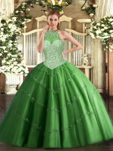 Green Ball Gowns Halter Top Sleeveless Tulle Floor Length Lace Up Beading and Appliques Sweet 16 Quinceanera Dress