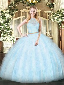 Light Blue 15 Quinceanera Dress Military Ball and Sweet 16 and Quinceanera with Lace and Ruffles Scoop Sleeveless Zipper