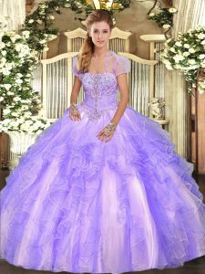 Strapless Sleeveless Quinceanera Dresses Floor Length Appliques and Ruffles Lavender Tulle