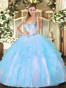 Aqua Blue Tulle Lace Up Sweetheart Sleeveless Floor Length Vestidos de Quinceanera Beading and Ruffles