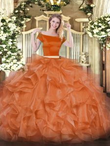 Vintage Orange Red Zipper Vestidos de Quinceanera Appliques and Ruffles Short Sleeves Floor Length