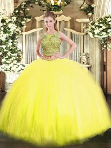 Best Yellow Lace Up Sweet 16 Dress Beading Sleeveless Floor Length