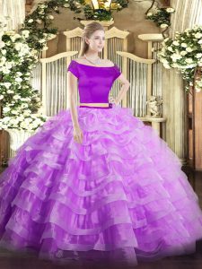 Exquisite Off The Shoulder Short Sleeves Tulle Quinceanera Gowns Appliques and Ruffled Layers Zipper