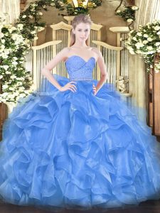 Baby Blue Sleeveless Beading and Lace and Ruffles Floor Length Quinceanera Gowns