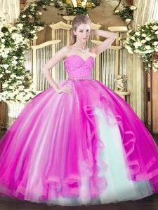 Fuchsia Ball Gowns Beading and Lace and Ruffles Vestidos de Quinceanera Zipper Tulle Sleeveless Floor Length