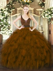 Noble Brown Organza Zipper Straps Sleeveless Floor Length 15 Quinceanera Dress Beading and Ruffles
