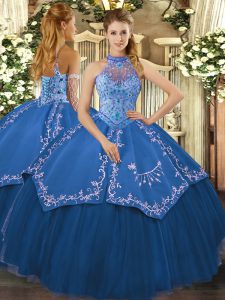 Floor Length Teal Quinceanera Gowns Tulle Sleeveless Beading and Embroidery