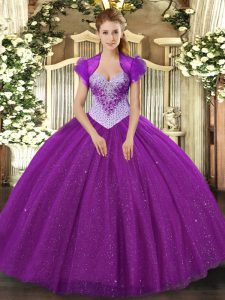 Customized Sleeveless Tulle Floor Length Lace Up Quinceanera Gowns in Eggplant Purple with Beading and Sequins