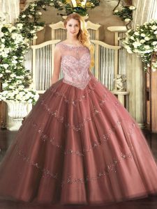 Exquisite Floor Length Brown 15 Quinceanera Dress Tulle Sleeveless Beading and Appliques