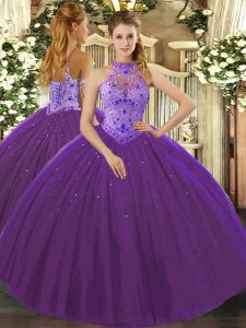 Excellent Purple Halter Top Neckline Beading and Appliques and Embroidery Quinceanera Dress Sleeveless Lace Up