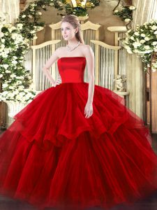 Wine Red Sweet 16 Dress Tulle Brush Train Sleeveless Ruffled Layers