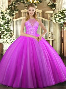 Fantastic Fuchsia Lace Up Vestidos de Quinceanera Beading Sleeveless Floor Length