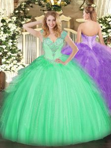 Great Apple Green Sleeveless Beading Floor Length Sweet 16 Dresses