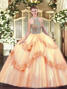 Super Peach Sleeveless Tulle Lace Up Sweet 16 Dresses for Military Ball and Sweet 16 and Quinceanera