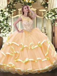 Custom Designed Peach Zipper Scoop Beading and Ruffled Layers Quince Ball Gowns Organza Sleeveless