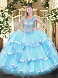 Best Selling Floor Length Lace Up Quinceanera Dress Aqua Blue for Military Ball and Sweet 16 and Quinceanera with Beading and Ruffled Layers