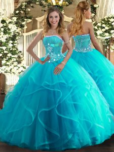 Glorious Tulle Strapless Sleeveless Lace Up Beading and Ruffles Ball Gown Prom Dress in Aqua Blue