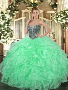 Apple Green Lace Up Quinceanera Gown Beading and Ruffles Sleeveless Floor Length