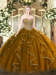 Sweetheart Sleeveless Quince Ball Gowns Floor Length Beading and Ruffles Brown Tulle