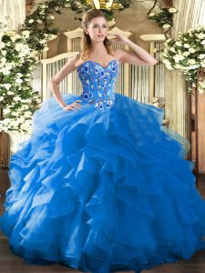 Blue Ball Gowns Embroidery and Ruffles Sweet 16 Dresses Lace Up Organza Sleeveless Floor Length