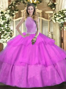 Lilac Sleeveless Tulle Lace Up Sweet 16 Dress for Military Ball and Sweet 16 and Quinceanera