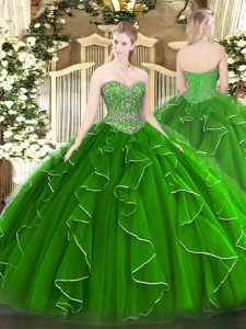 Green Sweetheart Neckline Beading and Ruffles Sweet 16 Dresses Sleeveless Lace Up