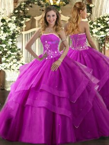 Fuchsia Ball Gowns Beading and Ruffled Layers Ball Gown Prom Dress Lace Up Tulle Sleeveless Floor Length