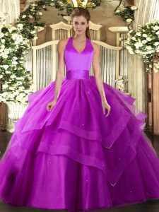 Inexpensive Floor Length Fuchsia Sweet 16 Dresses Tulle Sleeveless Ruffled Layers