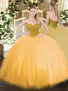 Delicate Gold Lace Up Quinceanera Dress Beading Sleeveless Floor Length