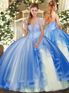 Blue Tulle Lace Up Sweet 16 Dress Sleeveless Floor Length Appliques and Ruffles