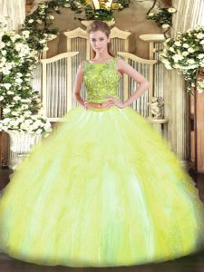 Two Pieces Sweet 16 Quinceanera Dress Yellow Green Scoop Tulle Sleeveless Floor Length Lace Up