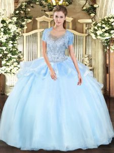 Aqua Blue Sleeveless Organza and Tulle Clasp Handle Quinceanera Dress for Military Ball and Sweet 16 and Quinceanera