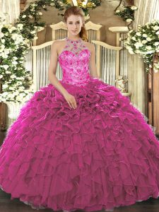 Extravagant Fuchsia Sleeveless Beading and Ruffles Floor Length Ball Gown Prom Dress