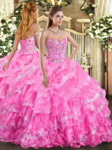 Artistic Rose Pink Organza Lace Up 15th Birthday Dress Sleeveless Floor Length Embroidery and Ruffled Layers