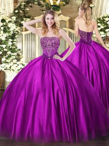 Dynamic Strapless Sleeveless Sweet 16 Dress Floor Length Beading Fuchsia Satin