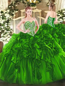 Gorgeous Green Quinceanera Gown Military Ball and Sweet 16 and Quinceanera with Beading and Ruffles Sweetheart Sleeveless Lace Up