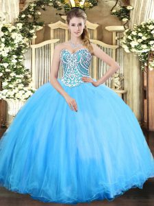 Floor Length Ball Gowns Sleeveless Aqua Blue Quince Ball Gowns Lace Up