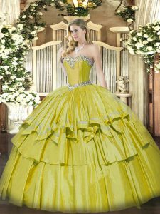 Yellow Organza and Taffeta Lace Up Sweetheart Sleeveless Floor Length Quinceanera Gown Beading and Ruffled Layers