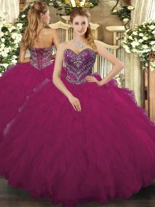 Dynamic Sleeveless Tulle Floor Length Lace Up Quinceanera Gown in Fuchsia with Beading and Ruffled Layers