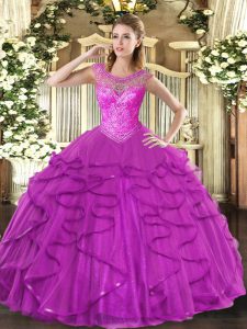 Classical Fuchsia Ball Gowns Beading and Ruffles Quinceanera Dresses Lace Up Tulle Sleeveless Floor Length