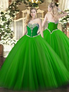 Green Tulle Lace Up Sweetheart Sleeveless Floor Length Sweet 16 Dress Beading