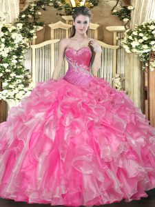 Unique Hot Pink Sweetheart Lace Up Beading and Ruffles 15th Birthday Dress Sleeveless