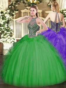 Sleeveless Tulle Floor Length Lace Up Quinceanera Gowns in Green with Beading