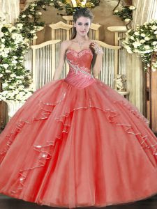 Perfect Sleeveless Floor Length Beading and Ruffled Layers Lace Up Quince Ball Gowns with Coral Red