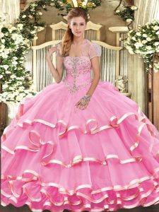 Sleeveless Organza Floor Length Lace Up Quinceanera Gown in Rose Pink with Appliques and Ruffled Layers