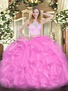 Trendy Sleeveless Floor Length Lace and Ruffles Zipper Sweet 16 Dress with Rose Pink