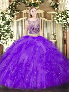 Floor Length Lavender Quinceanera Gown Tulle Sleeveless Beading and Ruffles