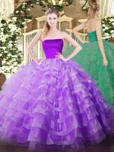 Nice Lilac Sleeveless Floor Length Ruffled Layers Zipper Sweet 16 Dress